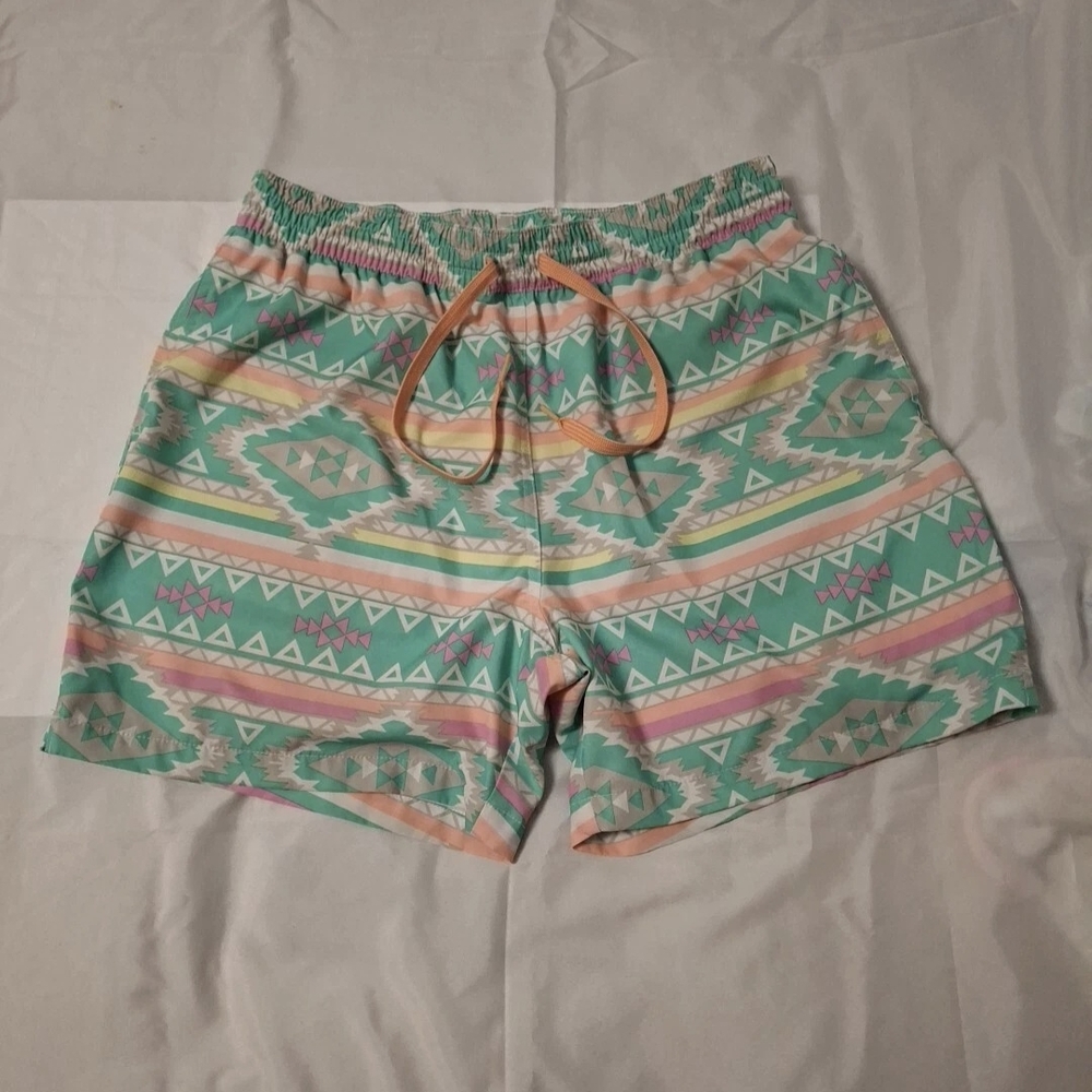 Chubbies Green and Pink Swim Trunks with Geometric Pattern